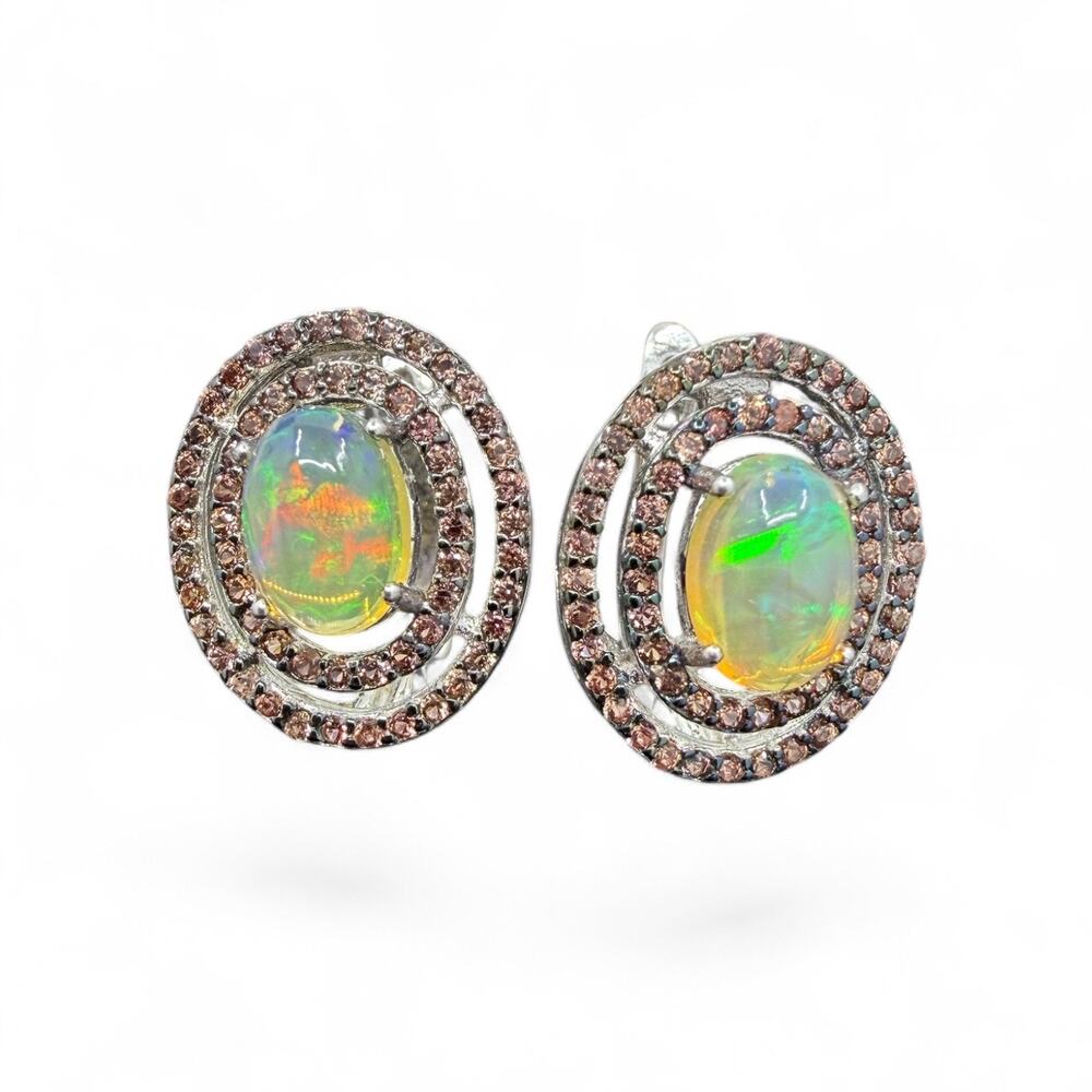Natural Ethiopian Welo Opal Diamond Leverback Earrings 925 Sterling Silver